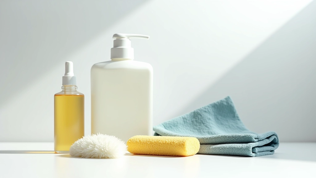 Prodotti per la pulizia esterna disposti in ordine: shampoo per auto, cera protettiva, lucidante, spugne e panni in microfibra