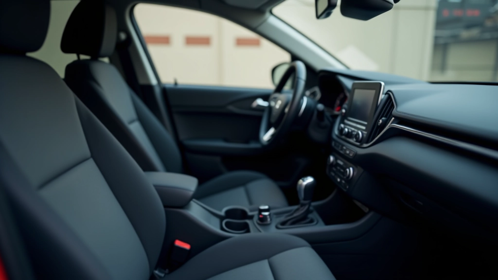 Interno di un'auto pulita con sedili in tessuto senza macchie, cruscotto lucido e vetri trasparenti