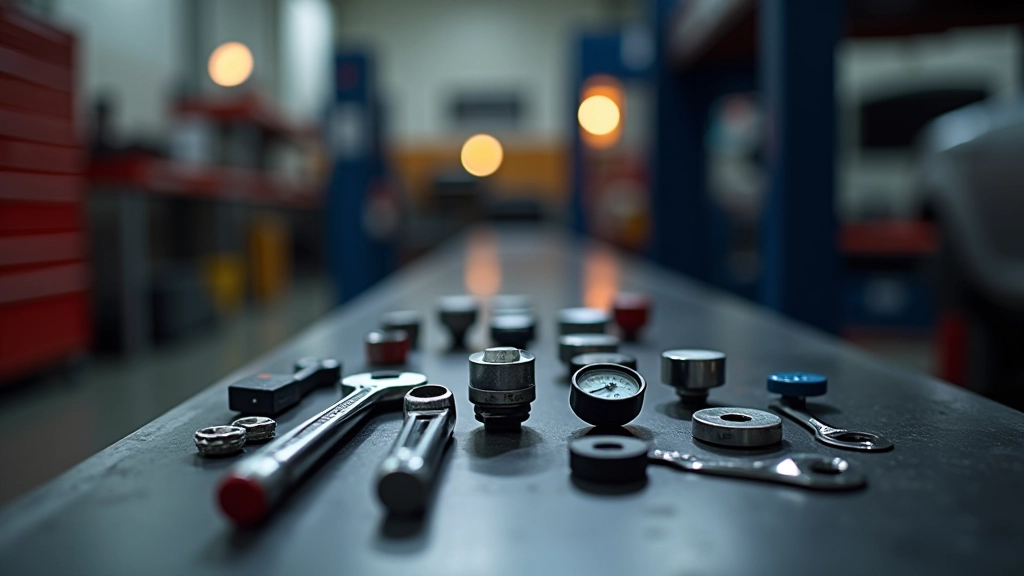 Strumenti di manutenzione professionali organizzati su tavolo da lavoro, chiavi e manometri per controllo pneumatici