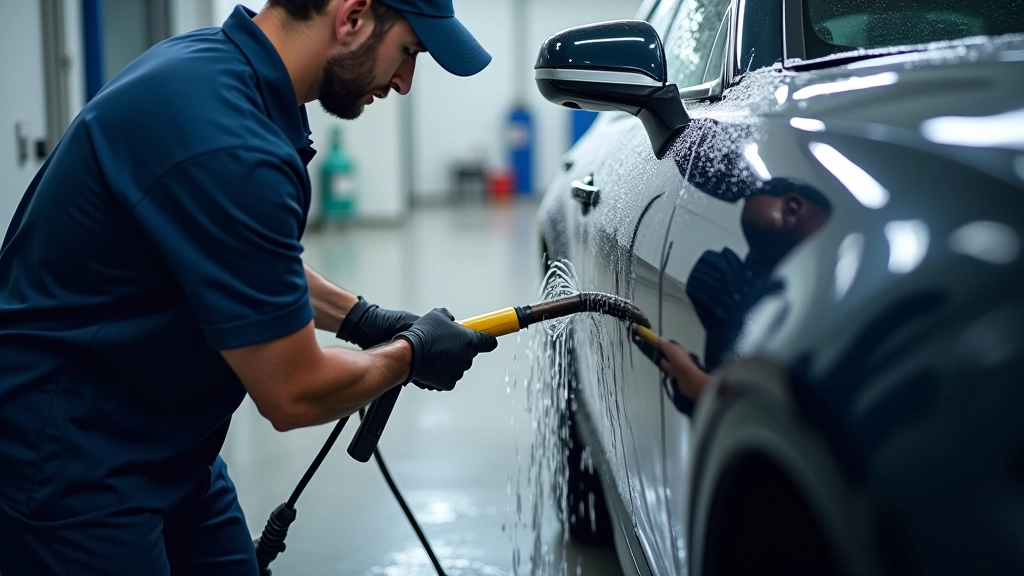 Auto in corso di lavaggio e pulizia con detergenti professionali in una stazione di servizio