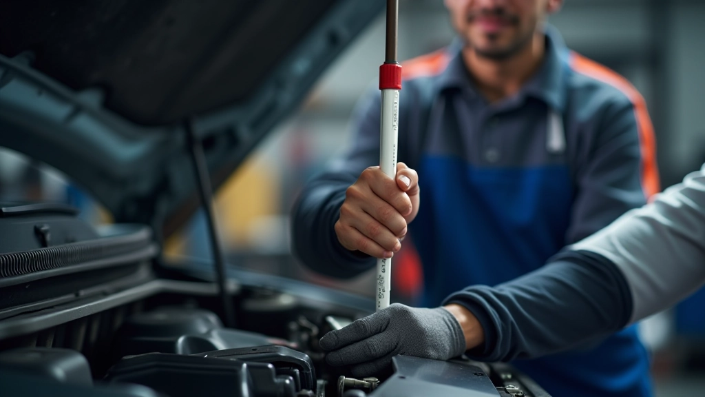 Meccanico che controlla il livello dell'olio con l'astina di misurazione