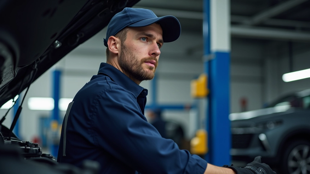 Tecnico che ispeziona il motore di un'auto durante una revisione programmata di manutenzione ordinaria