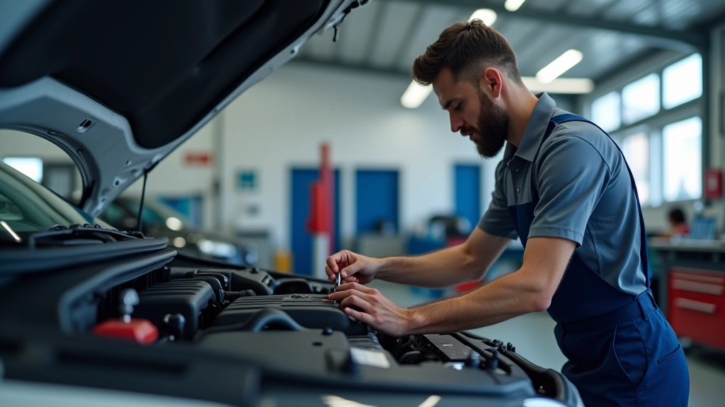 Meccanico professionista che ispeziona il motore di un'auto durante la manutenzione regolare in officina