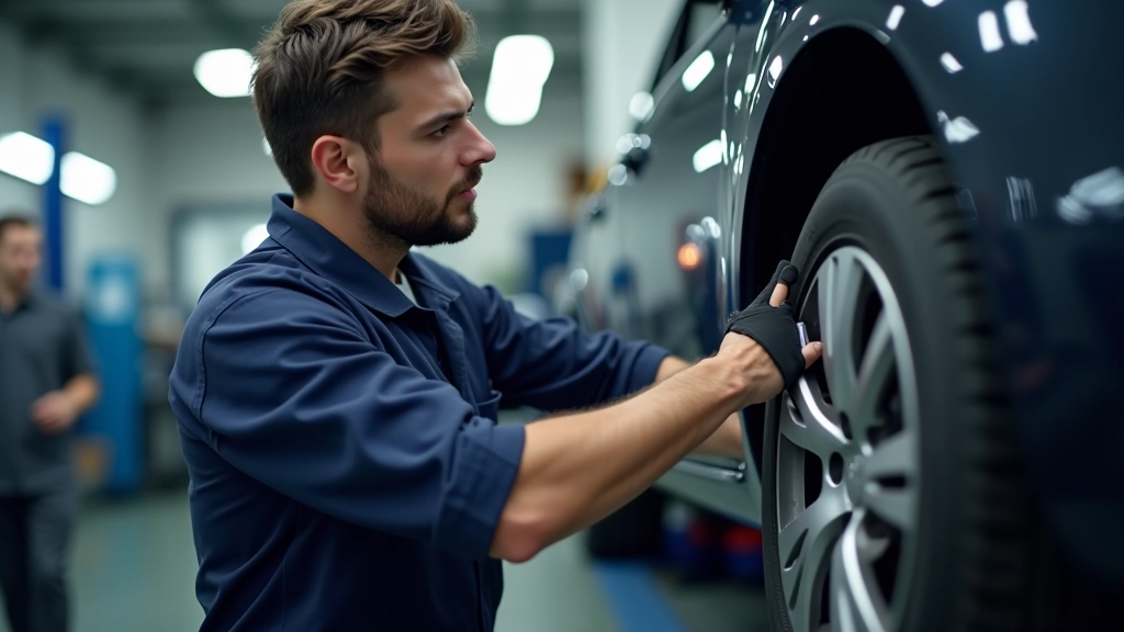 Meccanico professionista esegue la rotazione degli pneumatici in officina