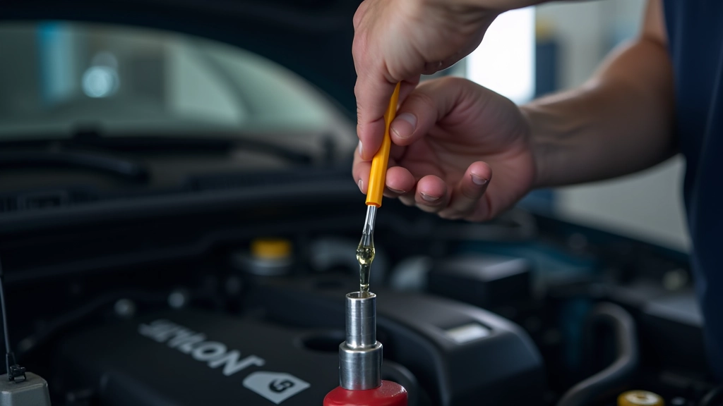 Dettaglio della verifica del livello dell'olio con l'asticella di misurazione su un motore ben illuminato