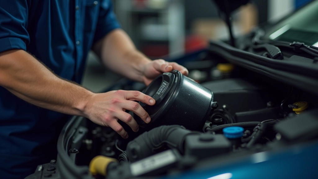 Primo piano del filtro dell'olio durante la sostituzione con mani di un meccanico esperto