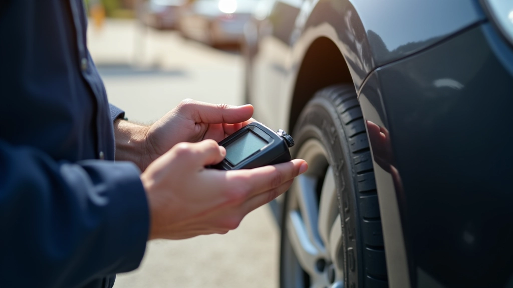 Persona controlla la pressione di uno pneumatico con manometro digitale in parcheggio